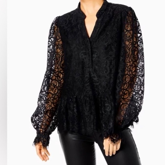 Lilly Pulitzer- lace split neck onyx black blouse flirty pouf sleeve Jaclynne L - Picture 2 of 16